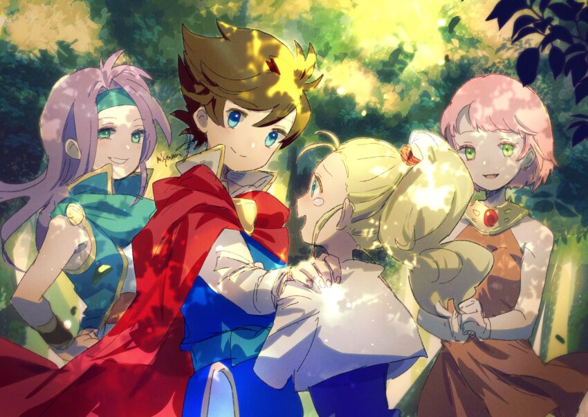 3girls bare_shoulders bartz_klauser blonde_hair blue_dress blue_eyes blue_tunic brown_hair cloak cropped_jacket dress faris_scherwiz final_fantasy final_fantasy_v green_eyes green_headband green_neckerchief green_vest hair_between_eyes hair_tie hand_on_another&#039;s_shoulder hand_on_own_hip happy_tears headband highres jacket krile_mayer_baldesion_(ff5) lenna_charlotte_tycoon long_hair miyama_(lacrima01) multiple_girls neckerchief open_mouth orange_dress outdoors parted_bangs parted_lips pink_hair purple_hair red_cloak shirt short_hair siblings sisters smile tears teeth tree tunic upper_body vest white_jacket white_shirt