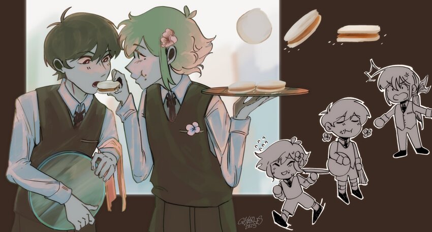 3boys alternate_costume antenna_hair basil_(faraway)_(omori) basil_(omori) black_eyes black_hair black_necktie blonde_hair blush bright_pupils charlesfirework closed_eyes closed_mouth collared_shirt eating flower flying_sweatdrops food hair_flower hair_ornament highres holding holding_food holding_sandwich holding_tray kel_(faraway)_(omori) kel_(omori) long_hair long_sleeves male_focus multiple_boys necktie omori open_mouth pants sandwich shirt short_hair smile sunny_(omori) tray white_pupils white_shirt
