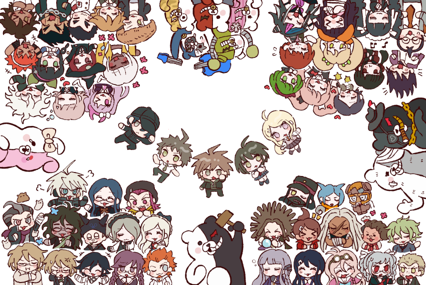 &gt;_&lt; 30en_(esx5g) 6+boys 6+girls :3 :o absolutely_everyone ahoge akamatsu_kaede amami_rantaro android anger_vein asahina_aoi bandaged_arm bandages beanie bear black_gloves black_hair black_pants black_shirt blonde_hair blue_hair blue_jacket blue_skirt blush blush_stickers bow braid brown_hair butterfree celestia_ludenberg chabashira_tenko chain chain_necklace cham-p chef_hat chibi cigar closed_eyes closed_mouth collared_shirt commentary_request crossed_arms crying crystal_ball daimon_masaru_(danganronpa) danganronpa:_trigger_happy_havoc danganronpa_(series) danganronpa_2:_goodbye_despair danganronpa_another_episode:_ultra_despair_girls danganronpa_v3:_killing_harmony dark-skinned_female dark-skinned_male dark_skin enoshima_junko everyone eyelashes eyepatch fake_horns fedora flying_sweatdrops freckles fujisaki_chihiro fukawa_toko gavel gen_1_pokemon glasses gloves goggles goggles_on_head gokuhara_gonta gold_chain gold_teeth green_bow green_eyes green_hair green_jacket green_necktie grey_hair grey_jacket guitar hagakure_yasuhiro hair_bow hair_horns hair_over_one_eye hairband hammer hamster hanamura_teruteru harukawa_maki hat heterochromia highres hinata_hajime holding holding_hammer horns hoshi_ryoma ikusaba_mukuro instrument iruma_miu ishimaru_kiyotaka jacket jewelry jum-p k1-b0 kemuri_jataro kirigiri_kyoko koizumi_mahiru komaeda_nagito kurokuma_(danganronpa) kuwata_leon kuzuryu_fuyuhiko long_hair maga-g maizono_sayaka mask mioda_ibuki momota_kaito monodam monokid monokuma monomi_(danganronpa) monophanie monosuke monotaro_(danganronpa) mouth_mask multicolored_hair multiple_boys multiple_girls naegi_komaru naegi_makoto nanami_chiaki necklace necktie nidai_nekomaru ogami_sakura oma_kokichi one_eye_closed open_clothes open_jacket open_mouth orange_hair orange_necktie orange_scarf owada_mondo owari_akane pants pekoyama_peko pink_eyes pink_hair pink_hairband pink_shirt pout purple_eyes purple_hair purple_hairband purple_jacket purple_scarf purple_skirt rabbit red_eyes red_hair red_hairband red_hat red_jacket red_necktie robot saihara_shuichi saionji_hiyoko scar scar_across_eye scar_on_face scarf shingetsu_nagisa shinguji_korekiyo shirogane_tsumugi shirokuma_(danganronpa) shirt short_hair simple_background skirt sleeping sleeves_past_wrists soda_kazuichi sonia_nevermind spiked_hair sun-d sweatdrop tan tanaka_gundham togami_byakuya togami_byakuya_(danganronpa_2) tojo_kirumi towa_monaca tsumiki_mikan twin_braids twintails upside-down utsugi_kotoko waving white_background white_bow white_hair white_hat white_shirt witch_hat yamada_hifumi yellow_eyes yellow_jacket yonaga_angie yumeno_himiko
