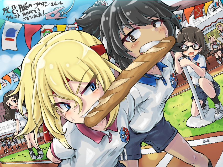 6+girls absurdres andou_(girls_und_panzer) arms_behind_back baguette bc_freedom_(emblem) black_eyes black_hair black_socks blonde_hair blue_eyes blue_shorts blue_sky bonple_(emblem) bread bread_eating_race cloud cloudy_sky commentary_request commission day double_vertical_stripe emblem food food_in_mouth frown girls_und_panzer glaring glasses gym_shirt gym_shorts highres koala_forest_(emblem) kuroneko_douji long_hair looking_at_another maginot_(emblem) marie_(girls_und_panzer) medium_hair mouth_hold multiple_girls on_one_knee ooarai_(emblem) oshida_(girls_und_panzer) outdoors partial_commentary pixiv_commission polo_shirt pravda_(emblem) print_shirt running running_track saunders_(emblem) semi-rimless_eyewear shirt shoes short_hair short_sleeves shorts sitting sky sneakers socks sofue_(girls_und_panzer) sports_festival standing string_of_flags sweatdrop translated under-rim_eyewear viking_fisheries_(emblem) white_footwear yogurt_(emblem)