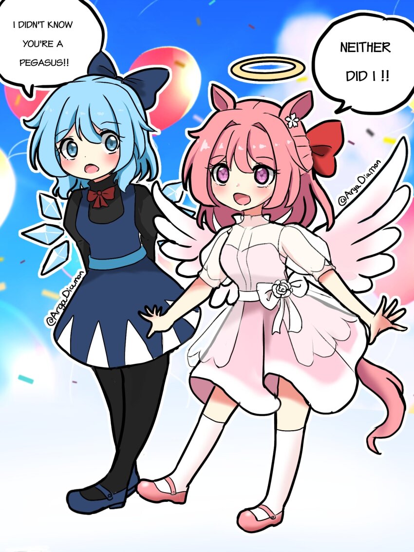 2girls animal_ears balloon black_pantyhose black_shirt blue_dress blue_eyes blue_hair blue_shoes blush bow bowtie cirno cirno_day commentary confetti crossover date_connection diamon_arga dress english_commentary english_text feathered_wings flower-shaped_pupils flying full_body halo haru_urara_(umamusume) highres horse_ears horse_girl horse_tail ice ice_wings looking_at_another looking_to_the_side mary_janes multiple_girls open_mouth pantyhose pink_eyes pink_hair pink_shoes pink_wings red_bow red_bowtie shirt shoes short_hair smile symbol-shaped_pupils tail touhou umamusume wings yellow_halo