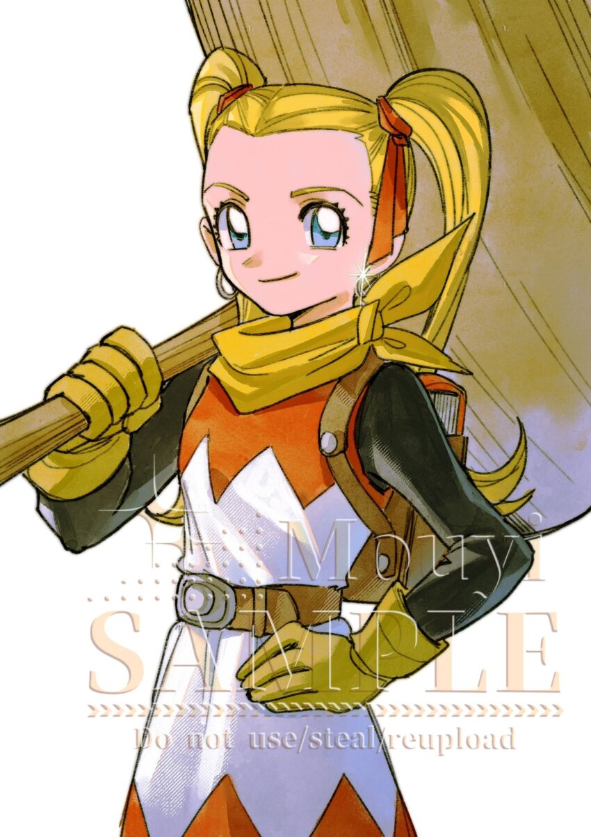 1girl backpack bag black_shirt blue_eyes closed_mouth dragon_quest dragon_quest_builders_2 earrings female_builder_(dqb2) gloves hair_ribbon hand_on_own_hip highres holding holding_mallet hoop_earrings jewelry long_hair looking_at_viewer mallet mouyi neckerchief red_ribbon ribbon sample_watermark shirt smile solo sparkle twintails two-tone_tunic upper_body watermark white_background yellow_gloves yellow_neckerchief