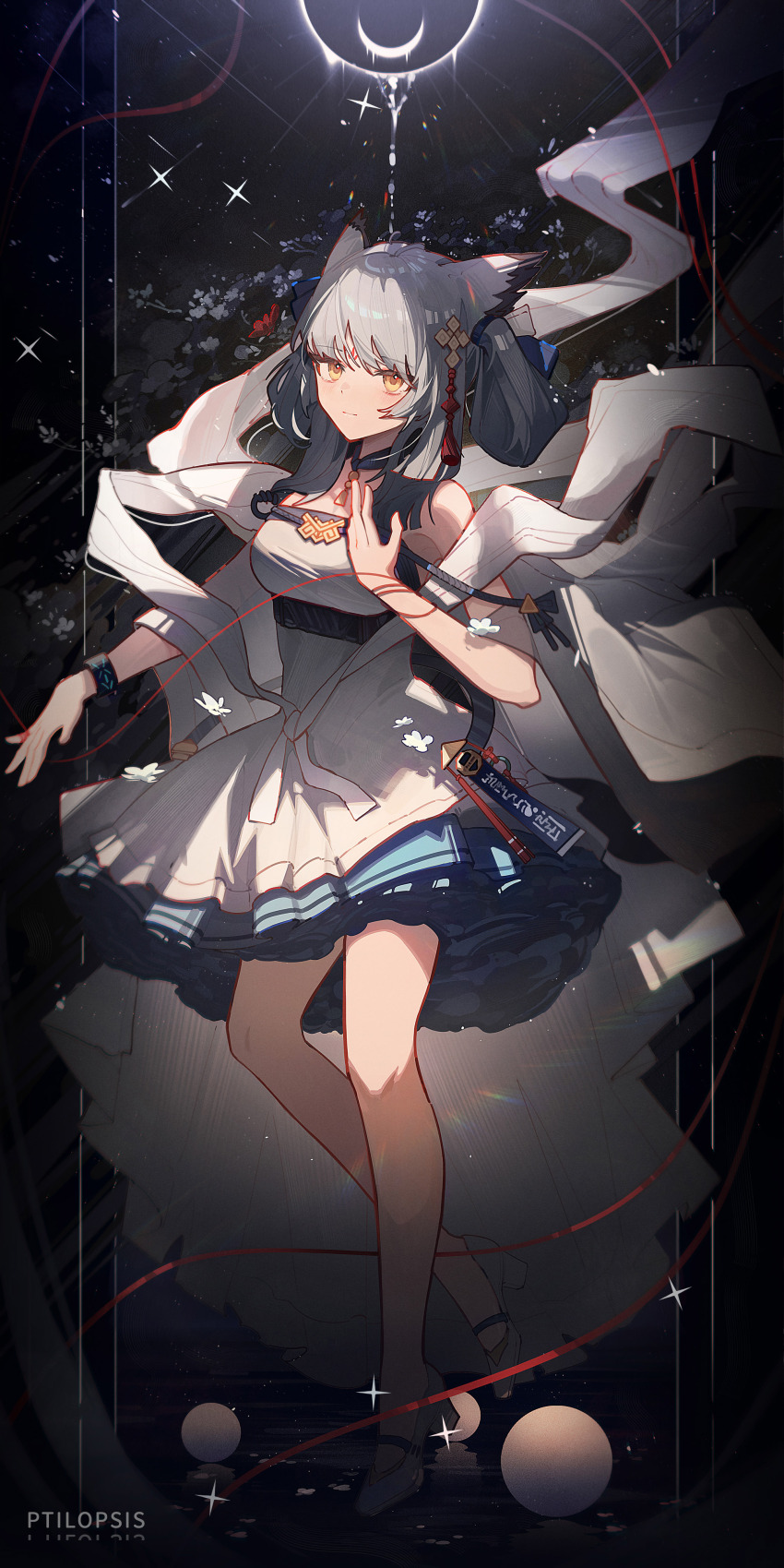 1girl :| absurdres arknights bare_shoulders bracelet breasts character_name closed_mouth commentary_request cross_hair_ornament dot_nose dress expressionless facial_mark feather_hair forehead_mark frilled_dress frills full_body grey_hair hagoromo hair_ornament high_heels highres huajiaohaibao infection_monitor_(arknights) jewelry lens_flare light_particles long_hair looking_at_viewer medium_breasts multiple_moons necklace orb owl_ears owl_girl ptilopsis_(amongst_the_clouds)_(arknights) ptilopsis_(arknights) pumps seal_script shawl short_dress solo sparkle strapless strapless_dress string string_of_fate tassel tassel_hair_ornament white_dress white_footwear white_shawl yellow_eyes