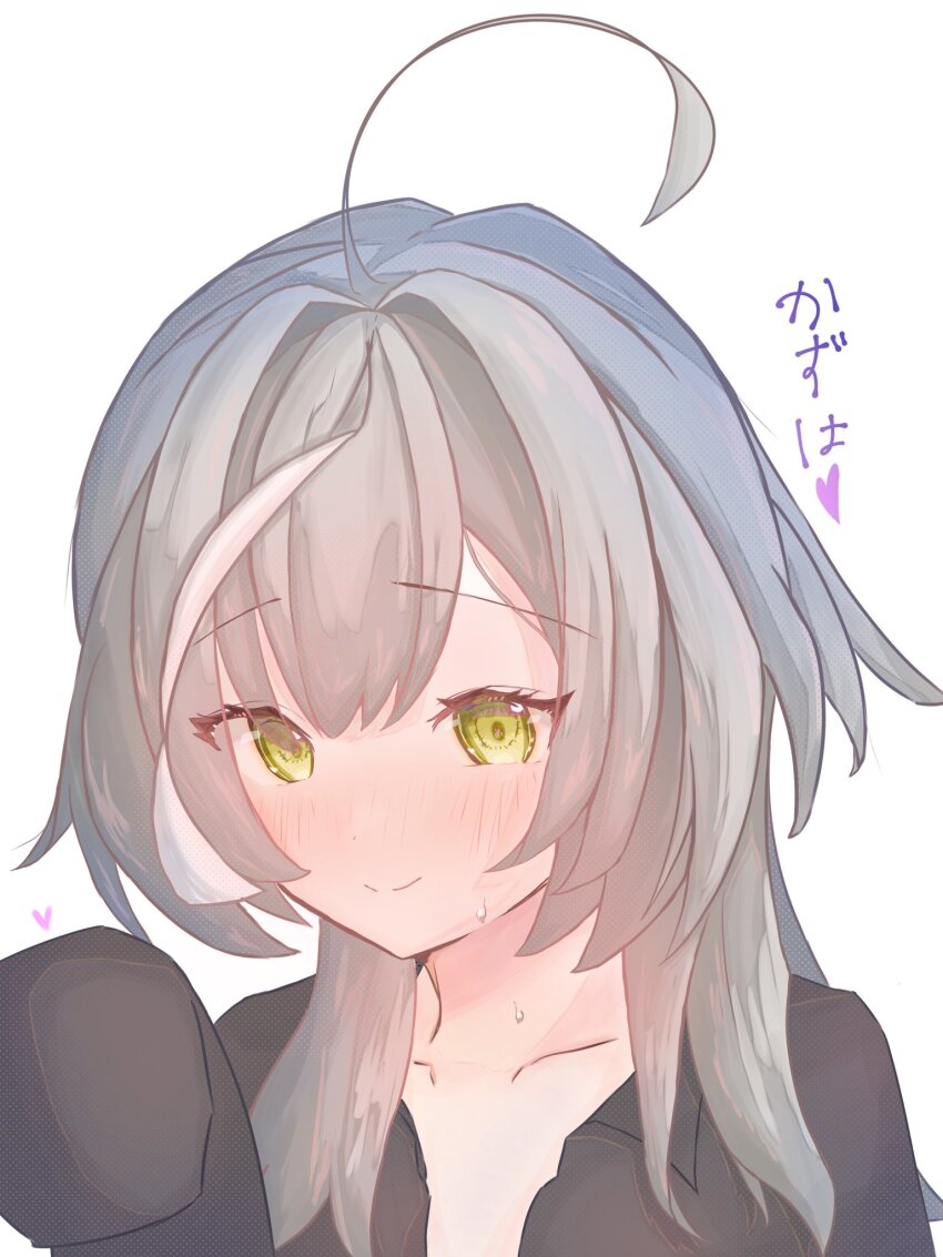 1girl ahoge arm_at_side assault_lily black_shirt blush closed_mouth collarbone collared_shirt commentary grey_hair hand_up heart herensuge_girls_academy_school_uniform highres long_hair long_sleeves multicolored_hair open_clothes open_shirt portrait racing_sanpo_chadoubu raised_eyebrows sasaki_ran school_uniform shirt simple_background sleeves_past_fingers sleeves_past_wrists smile solo spoken_heart streaked_hair sweat swimsuit translated white_background yellow_eyes