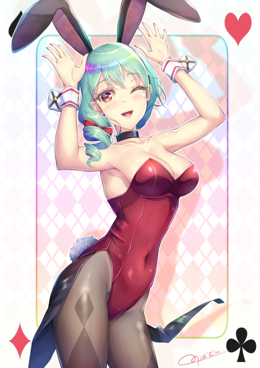 1girl akizora_mona animal_ears bare_shoulders blush breasts card cleavage drill_hair fake_animal_ears highres leotard long_hair looking_at_viewer novady one_eye_closed open_mouth original pantyhose playboy_bunny playing_card rabbit_ears rabbit_tail red_eyes shiny_clothes shiny_skin smile solo tail wink wrist_cuffs