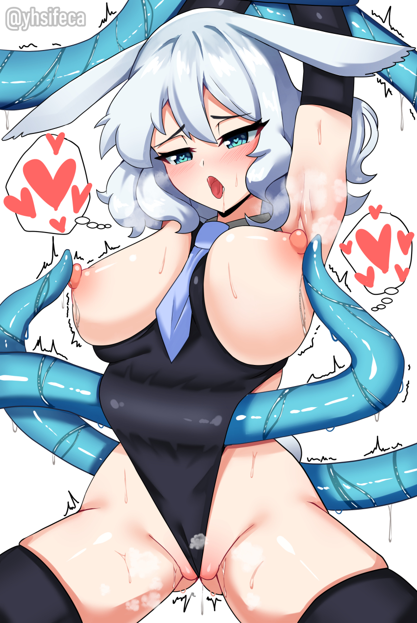 1girl absurdres acefish animal_ears armpits blue_eyes blush breasts cleft_of_venus consensual_tentacles frontal_wedgie giving_wedgie heart heart-shaped_pupils highres large_breasts leotard mary_(acefish) nipples open_mouth original rabbit_ears rabbit_girl short_hair symbol-shaped_pupils tentacles wedgie white_hair