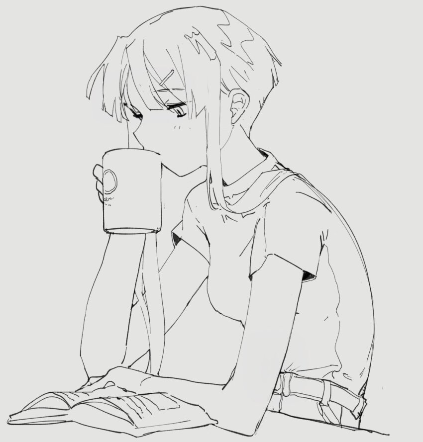 1girl aria_(manga) bad_id bad_twitter_id belt book breasts cup drinking grey_background greyscale hair_ornament hairclip holding holding_cup inactive_account long_hair looking_down medium_breasts mizunashi_akari monochrome open_book shirt short_sleeves sidelocks simple_background sitting solo suiso_(owp)