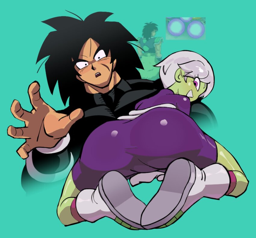 1boy 1girl ass blush bodysuit broly_(dragon_ball_super) cheelai colored_skin couple dragon_ball dragon_ball_super dragon_ball_super_broly dragon_ball_z_dokkan_battle green_skin highres huge_ass legendary_super_saiyan muscular muscular_male pixie_cut purple_bodysuit saiyan_armor spiked_hair super_saiyan teknodice