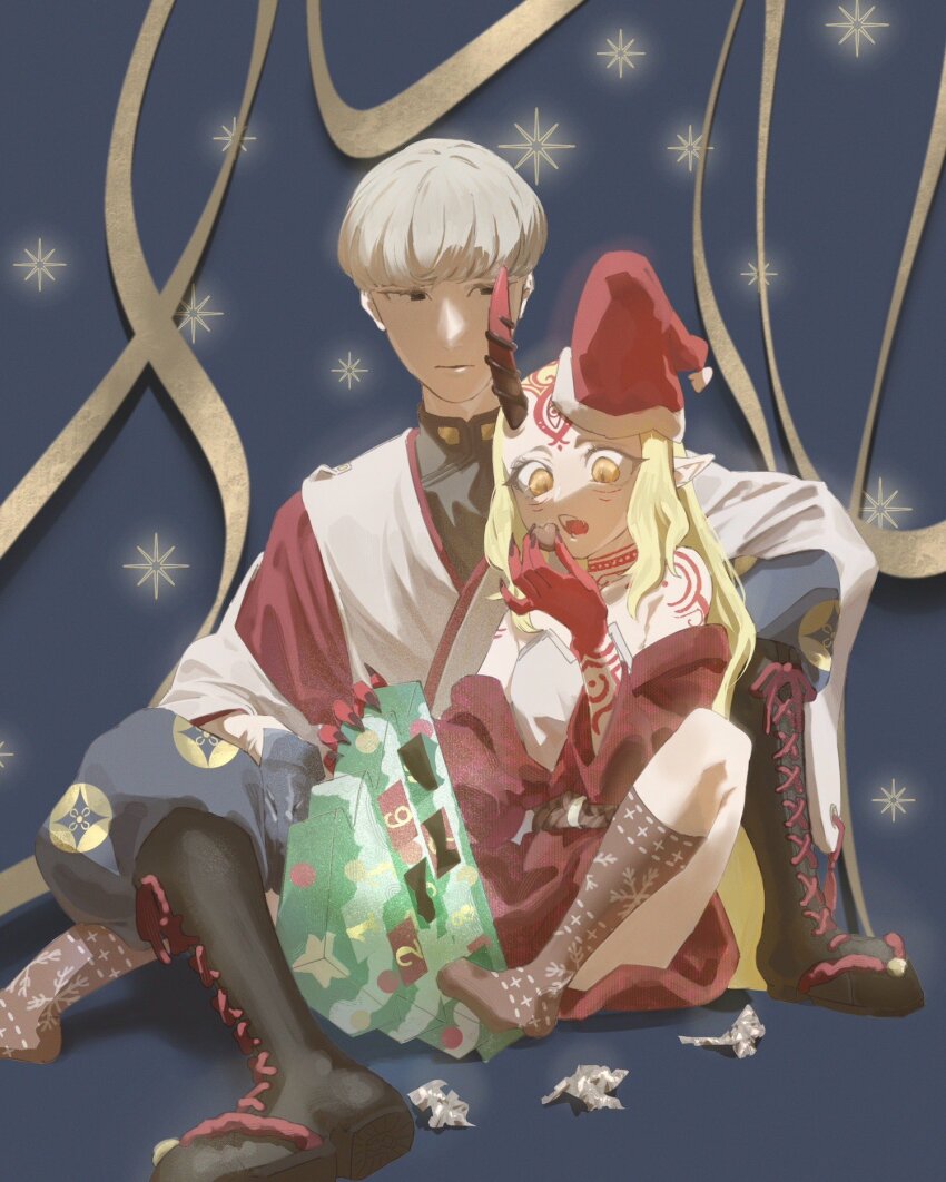 1boy 1girl advent_calendar blonde_hair body_markings boots candy chocolate chocolate_heart christmas commentary_request eieio006 facial_mark fate/grand_order fate_(series) food forehead_mark grey_hair hat heart heart-shaped_food highres horns ibaraki_douji_(fate) long_hair looking_at_another oni pointy_ears santa_costume santa_hat sitting socks watanabe_no_tsuna_(fate) yellow_eyes