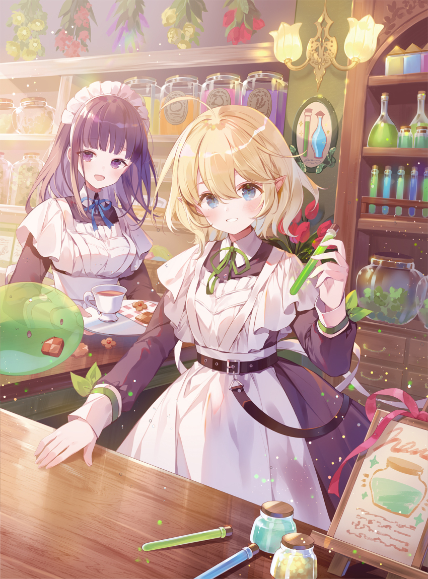 2girls :d ahoge belt black_hair blonde_hair blue_eyes blunt_bangs cookie cover cover_page cup eating food glass_bottle grin highres holding holding_test_tube holding_tray ibara_riato lamp long_hair maid_headdress mary_(moto_binbou_elf_no_renkinjutsu_chouyakuten) mireille_(moto_binbou_elf_no_renkinjutsu_chouyakuten) moto_binbou_elf_no_renkinjutsu_chouyakuten multiple_girls neck_ribbon novel_cover official_art open_mouth purple_eyes ribbon shelf short_hair sign skirt slime_(creature) smile table teacup test_tube tray white_skirt wooden_table