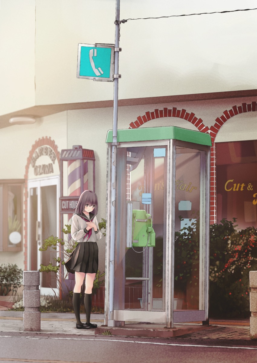 1girl bad_id bad_pixiv_id black_shoes black_skirt black_socks blush brown_eyes brown_hair building bush chikuwa_(glossymmmk) chikuwa_(odennabe) door female_focus flower hands_on_own_chest highres kneehighs looking_down mary_janes neckerchief original outdoors phone_booth pleated_skirt road road_sign school_uniform serafuku shirt shoes sign skirt socks solo standing white_shirt