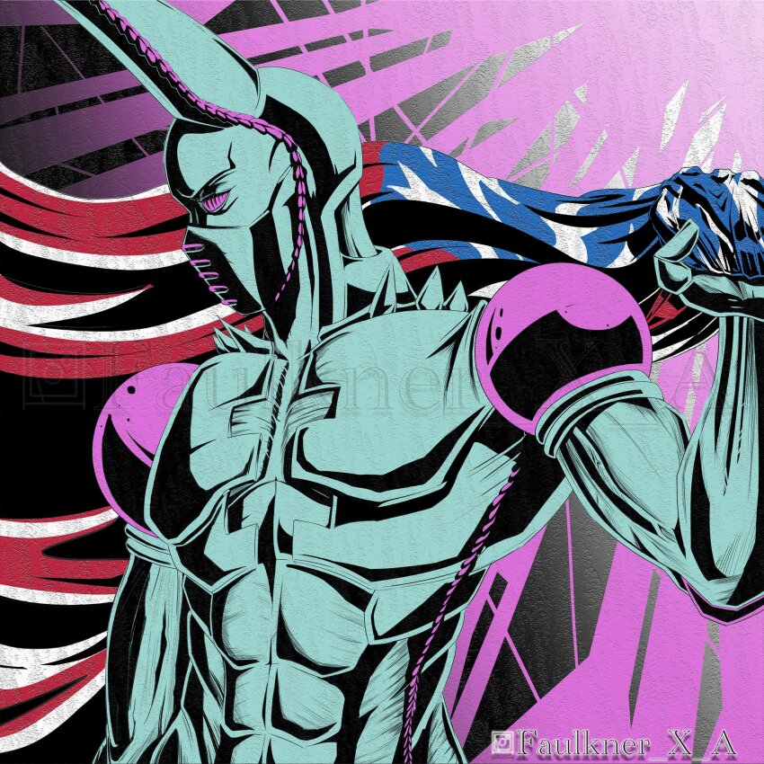 1other abs american_flag animal_ears aqua_skin artist_name colored_skin compound_eyes dirty_deeds_done_dirt_cheap faulkne39773967 flag from_side head_down highres holding holding_flag jojo_no_kimyou_na_bouken no_humans pink_eyes rabbit_ears shadow spikes stand_(jojo) steel_ball_run upper_body watermark