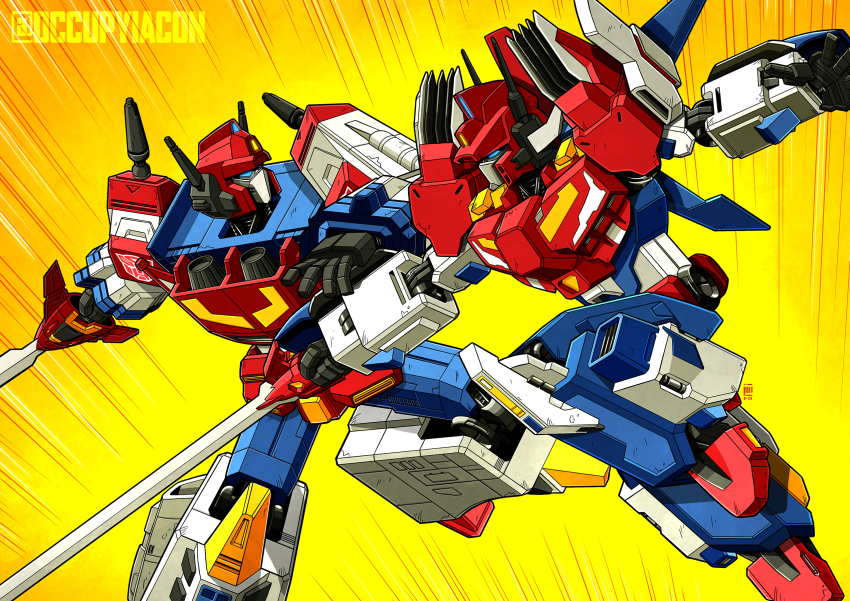 autobot blue_eyes commentary commission english_commentary fighting highres holding holding_sword holding_weapon jim_stafford mecha no_humans open_hand robot science_fiction star_saber_(idw) star_saber_(transformers) sword the_transformers_(idw) transformers transformers_victory twitter_username weapon yellow_background