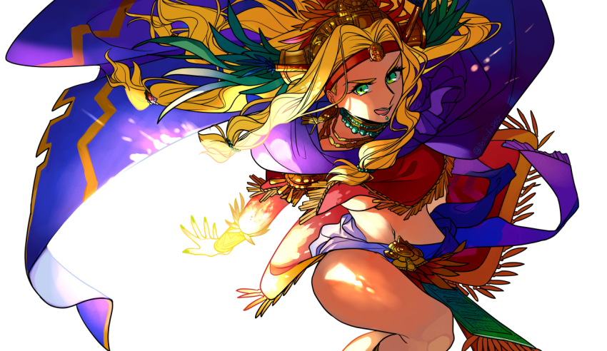 1girl aztec blonde_hair breasts fate/grand_order fate_(series) goshiko86g green_eyes large_breasts long_hair looking_at_viewer mexican_clothes poncho quetzalcoatl_(fate) skirt solo
