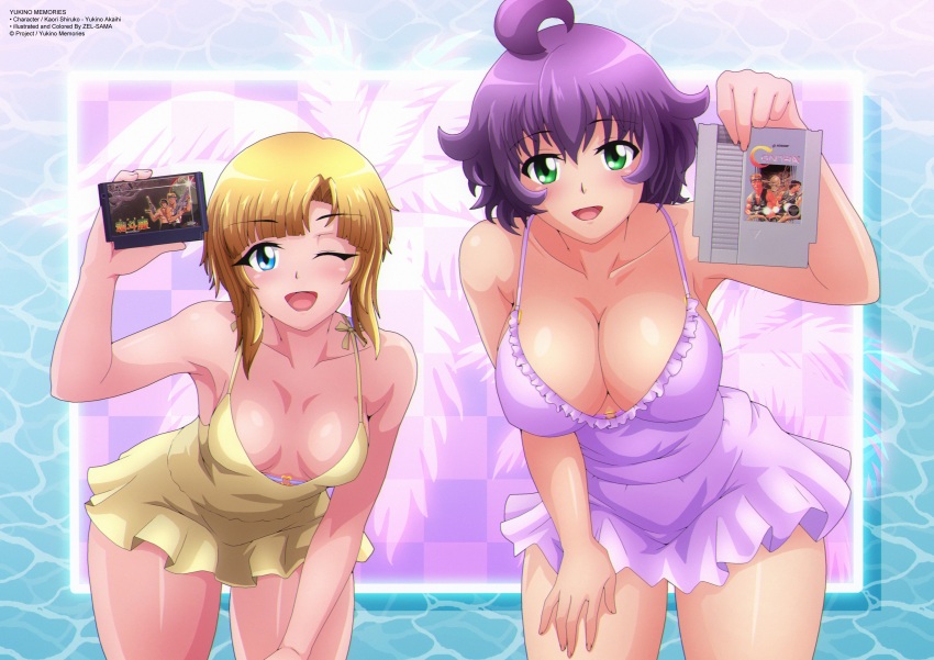 2girls absurdres ahoge blonde_hair blue_eyes blush breasts checkered_background cleavage collarbone contra dress game_cartridge green_eyes hand_on_own_thigh highres holding holding_game_cartridge kaori_shiruko konami large_breasts leaning_forward looking_at_viewer multiple_girls one_eye_closed open_mouth palm_tree purple_background purple_dress purple_hair short_hair sleeveless sleeveless_dress small_breasts smile standing tree vaporwave water wink yellow_dress yukino_akaihi yukino_memories zel-sama