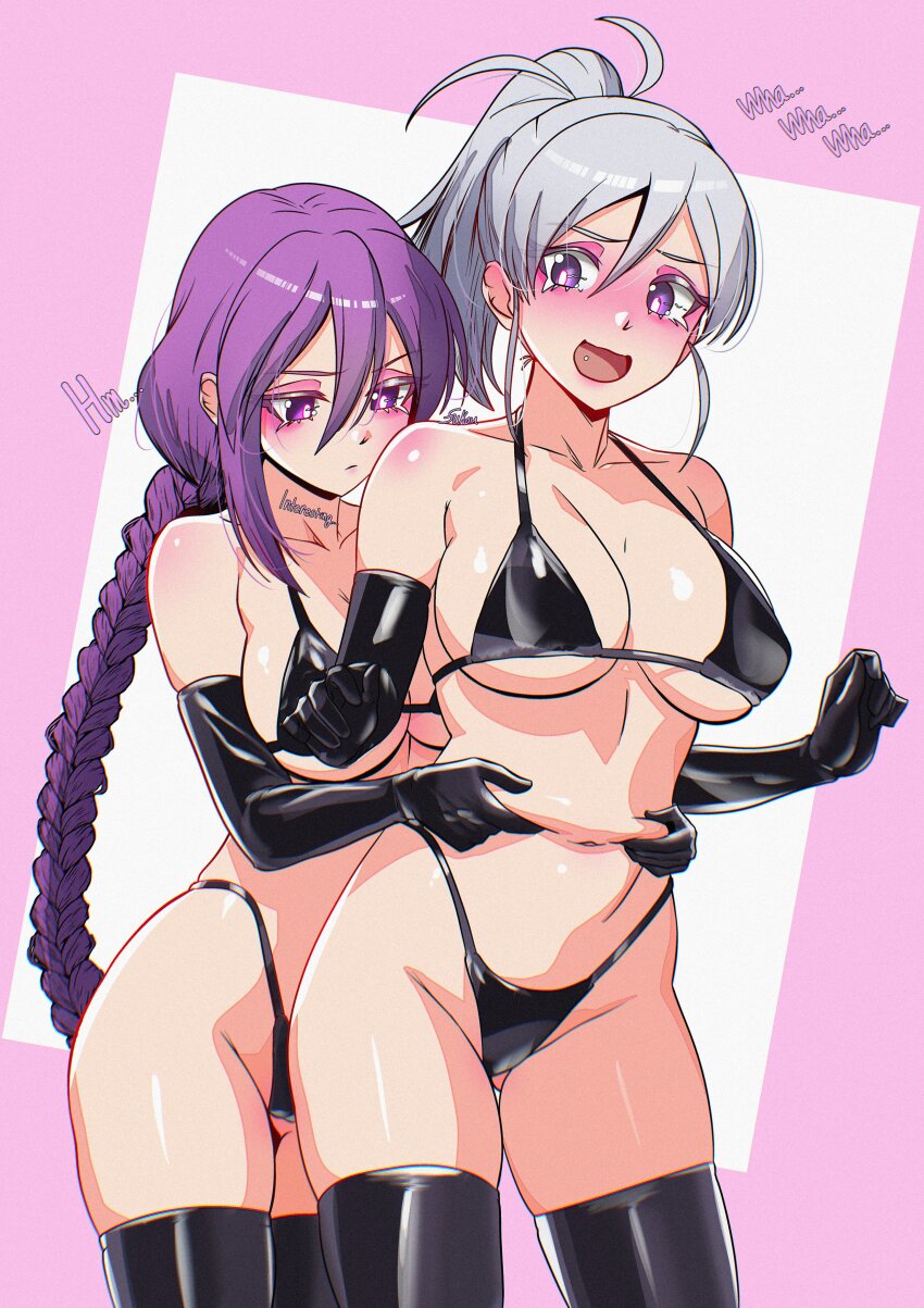 2girls absurdres bikini black_bikini black_gloves black_thighhighs blush breasts cameltoe expressionless fukou gloves gluteal_fold grabbing_another&#039;s_stomach grabbing_from_behind highres large_breasts melty_blood micro_bikini multiple_girls navel open_mouth ponytail purple_eyes purple_hair riesbyfe_stridberg sion_eltnam_(type-moon) sion_eltnam_atlasia swimsuit thighhighs tsukihime white_hair yuri