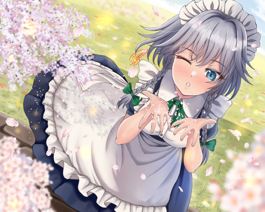 1girl :o apron aqua_eyes blue_dress blue_sleeves blurry blush bow braid breasts cherry_blossoms collared_shirt commentary_request day depth_of_field dress falling_petals frilled_apron frilled_sleeves frills full-face_blush grass green_bow green_ribbon grey_hair hands_up highres izayoi_sakuya lips looking_at_viewer maid_apron maid_headdress one_eye_closed open_hands open_mouth outdoors petals puffy_short_sleeves puffy_sleeves ribbon shirt short_hair short_sleeves signature smile solo teeth touhou twin_braids white_apron yagamin258