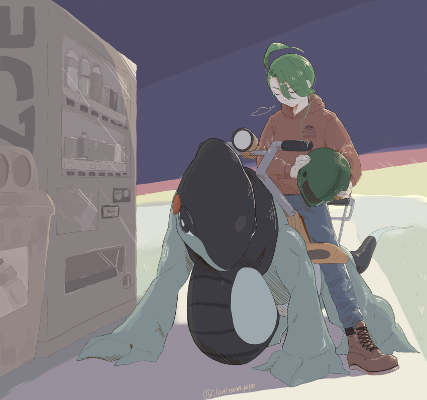 1girl ahoge alternate_costume boots brown_footwear brown_hoodie closed_eyes closed_mouth commentary_request cyclizar green_hair green_helmet grey_pants helmet highres holding holding_helmet hood hoodie nintendo pants pokemon pokemon_(creature) pokemon_sv riding riding_pokemon rika_(pokemon) tanpopo_(ilovetampopo) trash_can vending_machine