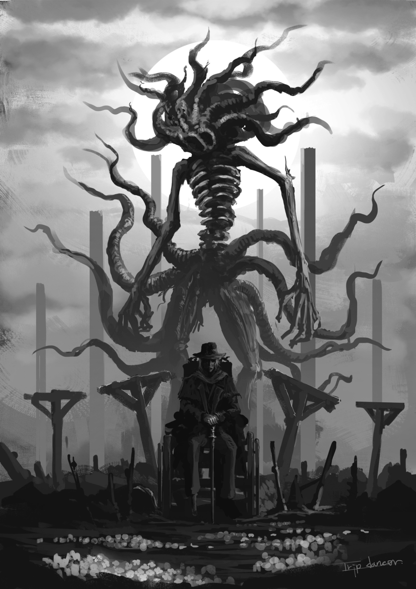 alien artist_name bloodborne cane cloud cross gehrman_the_first_hunter grey_sky greyscale hat highres long_sleeves looking_at_viewer monochrome monster moon_presence_(bloodborne) ribs sitting sky standing tripdancer wheelchair