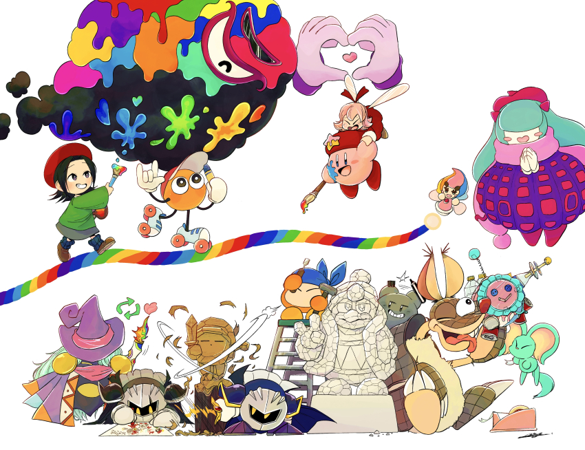 four-finger_heart_hands absurdres adeleine armor artist_kirby bandana bandana_waddle_dee baseball_cap beret black_hair blue_bandana cape claycia copy_ability dark_crafter dark_meta_knight drawcia drawing_(object) elfilin elline_(kirby) fairy_wings galaxia_(sword) gloves hat heart heart_hands highres holding holding_sword holding_weapon idbze king_dedede kirby kirby_(series) kirby_and_the_amazing_mirror kirby_and_the_forgotten_land kirby_and_the_rainbow_curse kirby_canvas_curse mask meta_knight multicolored_hair nintendo one_eye_closed own_hands_together paint_roller paint_roller_(kirby) paint_splatter paint_splatter_on_face paintbrush pauldrons red_ribbon ribbon ribbon_(kirby) sculpture shadow_kirby shoulder_armor sillydillo star_(symbol) statue sword tongue tongue_out weapon white_gloves wings witch_hat yellow_eyes