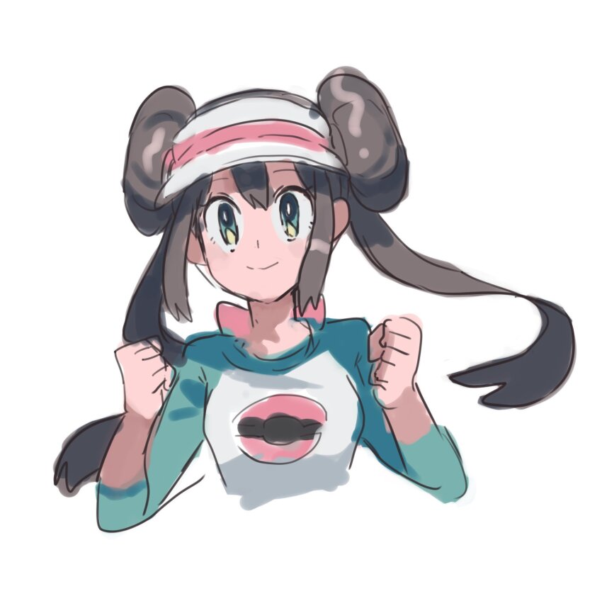 1girl blue_eyes brown_hair clenched_hands closed_mouth double_bun hair_bun hands_up highres long_hair nintendo pokemon pokemon_bw2 raglan_sleeves rosa_(pokemon) shichibee_(stm_mimi) simple_background smile solo three-quarter_sleeves twintails upper_body visor_cap white_background