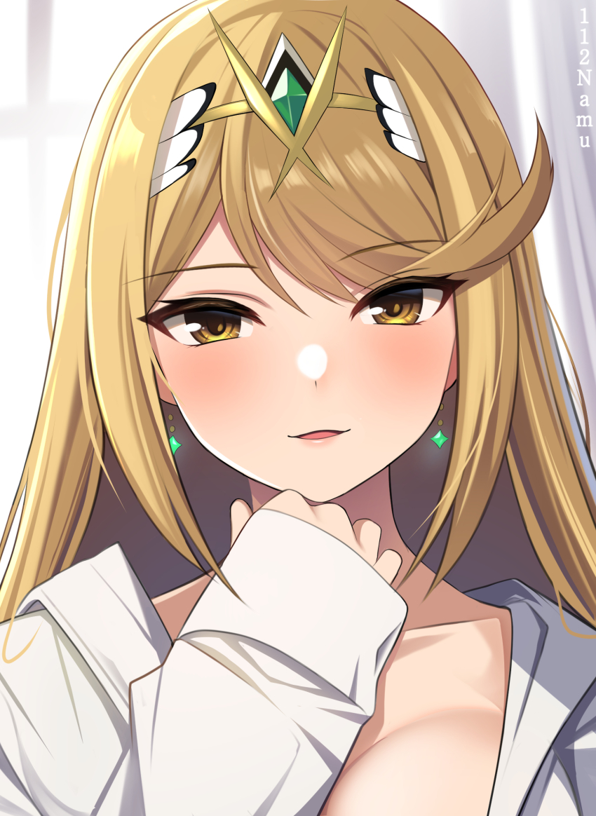 1girl artist_name blonde_hair blush breasts close-up commentary_request highres large_breasts long_hair looking_at_viewer mythra_(xenoblade) namu_(112namu) open_mouth sleeves_past_wrists smile solo swept_bangs tiara twitter_username upper_body xenoblade_chronicles_(series) xenoblade_chronicles_2 yellow_eyes