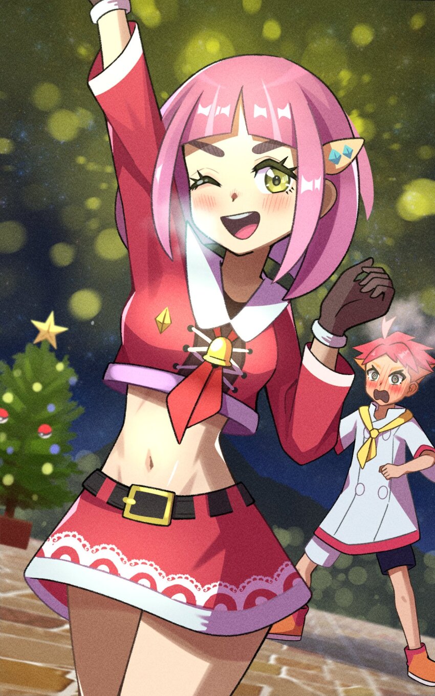 1boy 1girl alternate_costume crispin_(pokemon) dress highres inana_umi lacey_(pokemon) nintendo pink_hair pokemon pokemon_sv santa_costume santa_dress short_hair