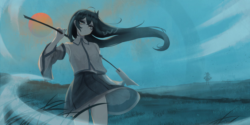 absurdres detached_sleeves field floating_hair gohei grass grasslands green_hair highres holding holding_gohei kochiya_sanae komeiji_koishi looking_at_viewer red_sun silhouette sun sutorobo72 touhou wind wind_lift