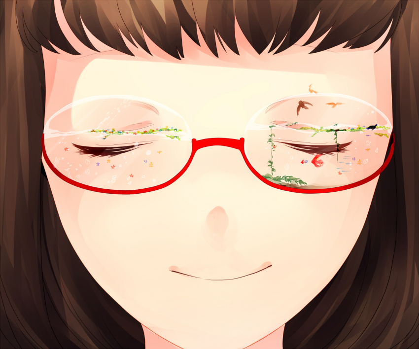 1girl achiki air_bubble bad_id bad_pixiv_id bird brown_hair bubble close-up closed_eyes closed_mouth facing_viewer fish flower glasses highres kelp orange_flower original plant portrait red-framed_eyewear round_eyewear semi-rimless_eyewear smile solo surreal turtle under-rim_eyewear water