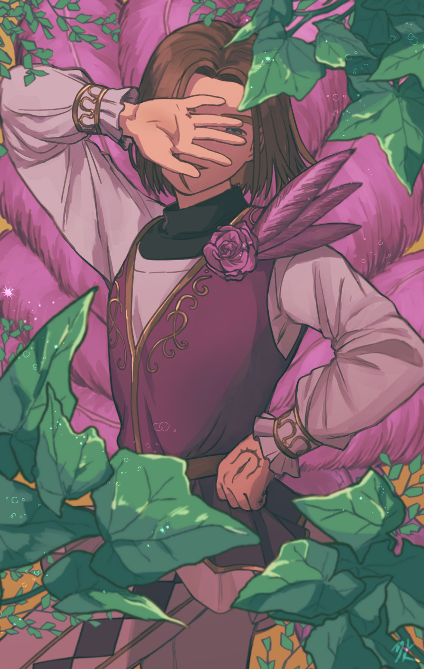 1boy 29000 blue_eyes brooch commentary_request dragon_quest dragon_quest_xi feathers flower flower_brooch hand_on_own_hip hand_over_face hand_tattoo hero_(dq11) highres leaf long_sleeves looking_at_viewer male_focus medium_hair official_alternate_costume one_eye_covered open_mouth pantyhose parted_hair purple_flower purple_rose purple_tunic rose shirt solo tattoo tunic white_pantyhose white_shirt