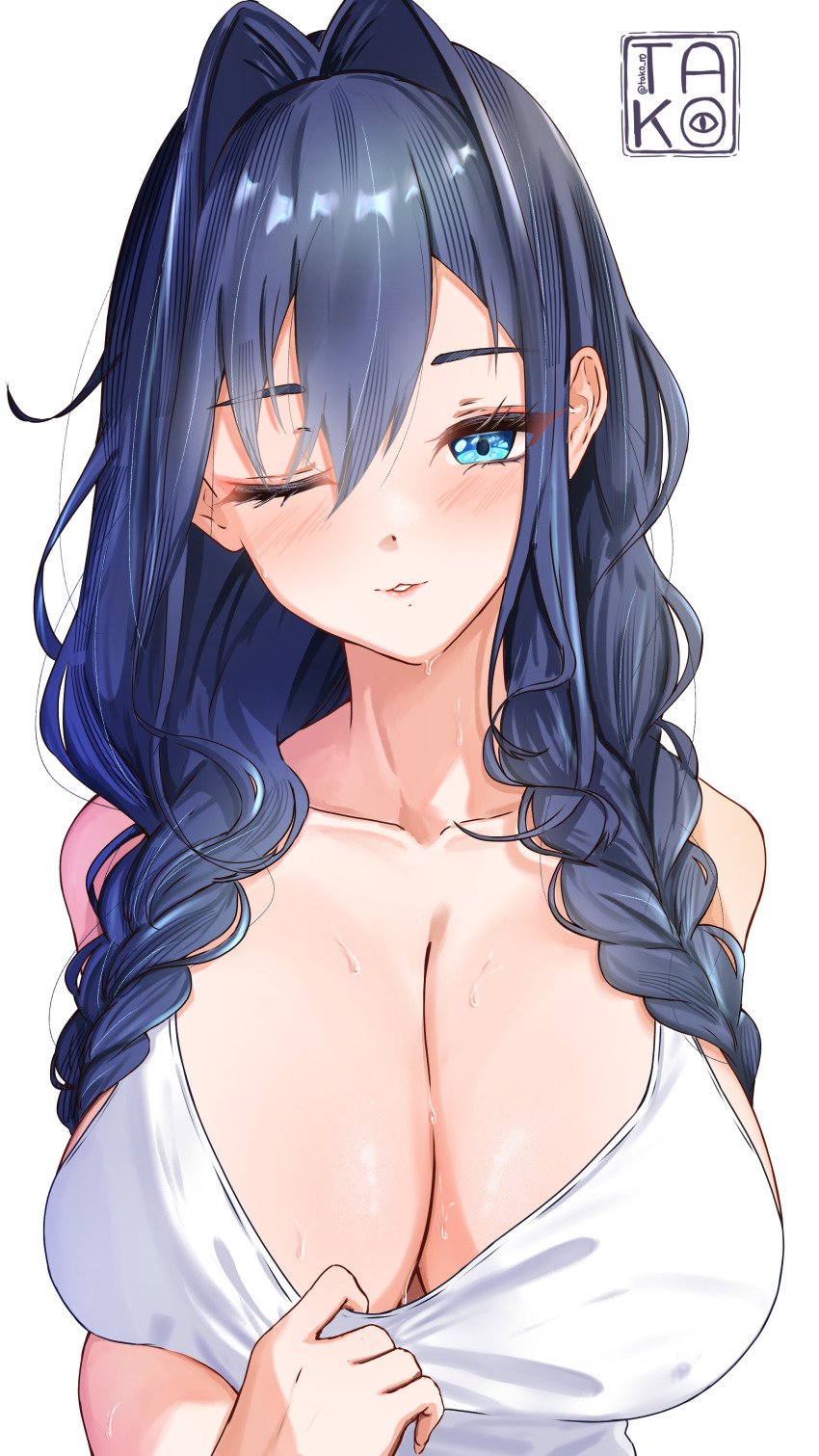 1girl absurdres bare_shoulders blue_eyes blue_hair blush breasts cleavage commentary drill_hair english_commentary highres hololive hololive_english large_breasts long_hair looking_at_viewer one_eye_closed ouro_kronii shirt simple_background sleeveless sleeveless_shirt smile solo sweat takoroki twin_drills upper_body virtual_youtuber white_background white_shirt