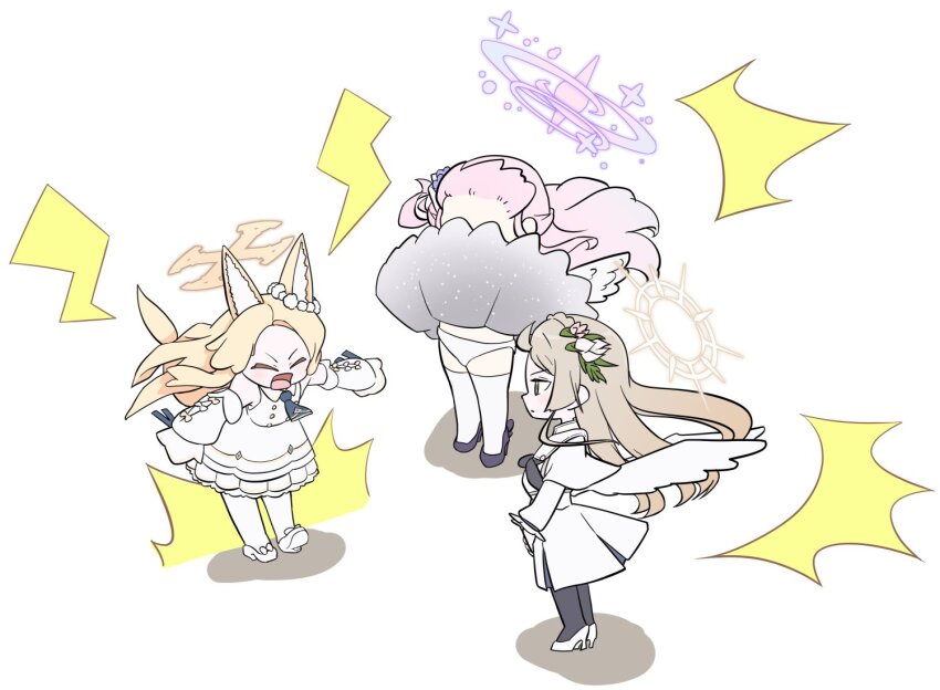 3girls angel_wings animal_ears black_pantyhose blonde_hair blue_archive brown_hair capelet chibi chibi_only clothes_lift detached_sleeves dress floating_hair flower fox_ears fox_girl fox_tail hair_flower hair_ornament halo high_heels lightning_bolt_symbol long_hair low_wings mika_(blue_archive) multiple_girls nagisa_(blue_archive) noharaga4 open_mouth outstretched_arms panties pantyhose pink_hair seia_(blue_archive) serious shirt shockwave shouting simple_background skirt skirt_lift sleeveless sleeveless_dress spread_arms standing tail tea_party_(blue_archive) thighhighs underwear v-shaped_eyebrows v_arms white_background white_capelet white_dress white_panties white_shirt white_thighhighs wind wind_lift wings
