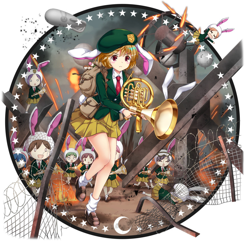 6+girls aircraft alternate_costume alternate_headwear animal_ears animal_print backpack bag beret blonde_hair blue_hair brown_hair brown_shoes closed_eyes closed_mouth collared_shirt dango dirigible fire floppy_ears food full_body game_cg green_hair green_jacket grey_hair hat helmet highres holding holding_weapon jacket loafers looking_at_viewer lunatic_gun military_uniform mitarashi_dango moon_rabbit moon_rabbit_extra_(touhou) multiple_girls necktie official_art open_mouth pleated_skirt rabbit_ears rabbit_girl rabbit_print rabbit_tail red_eyes red_necktie ringo_(eagle_ravi_special_forces)_(touhou) ringo_(touhou) rotte_(1109) sanshoku_dango shirt shoes short_hair skewer skirt smile socks solo_focus star_(symbol) tail third-party_source touhou touhou_lostword transparent_background v-shaped_eyes wagashi weapon white_shirt white_socks x_x yellow_skirt