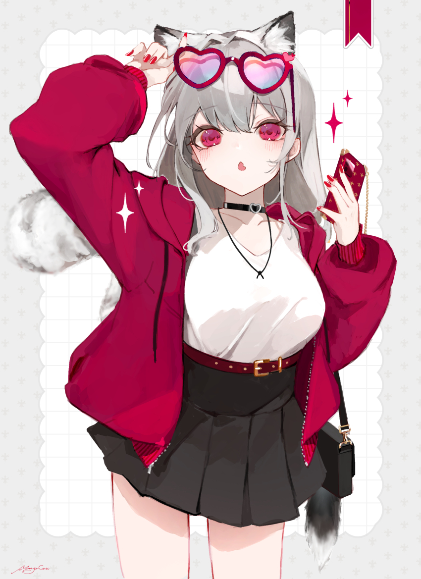 1girl absurdres animal_ear_fluff animal_ears arm_up bag belt belt_buckle black_choker black_skirt border breasts buckle cellphone choker collarbone commentary eyewear_lift eyewear_on_head grey_border grey_hair grid_background hair_between_eyes hair_intakes heart heart-shaped_eyewear highres holding holding_phone hood hood_down hooded_jacket jacket long_hair long_sleeves mayogii medium_breasts open_clothes open_jacket original phone pleated_skirt puffy_long_sleeves puffy_sleeves purple-tinted_eyewear red-framed_eyewear red_belt red_eyes red_jacket shirt shoulder_bag signature skirt sleeves_past_wrists solo sparkle sunglasses tail tinted_eyewear white_background white_shirt