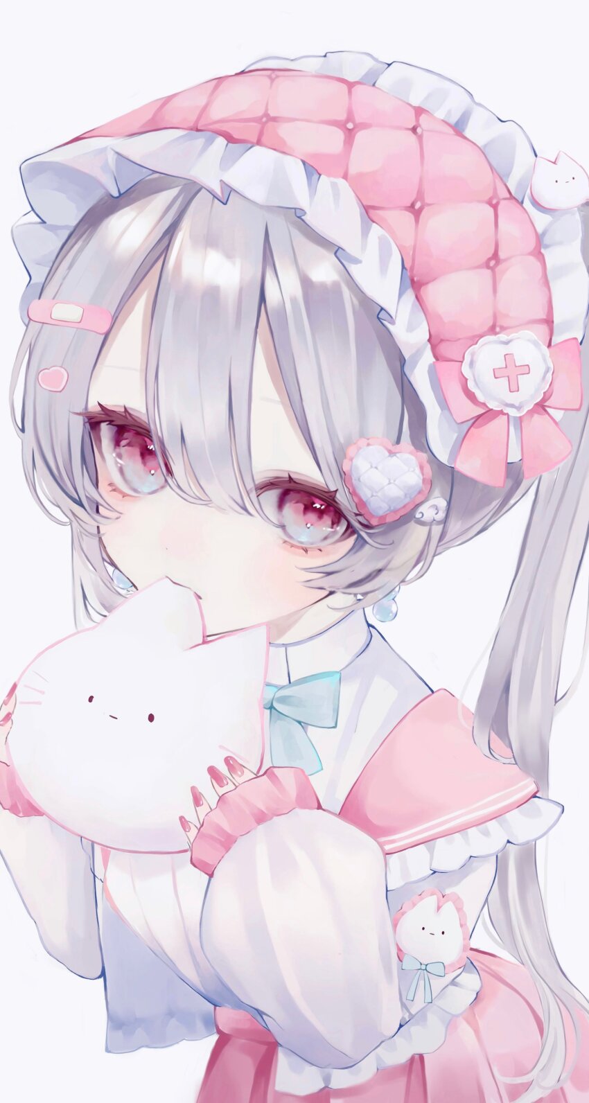 1girl absurdres ao_marumaru0720 bandaid_on_hair blush dress frilled_dress frilled_hairband frills grey_hair hair_between_eyes hair_ornament hairband heart heart_hair_ornament highres long_sleeves maid_headdress original pink_dress pink_eyes pink_nails pink_skirt puffy_sleeves rabbit skirt stuffed_animal stuffed_toy twintails white_background