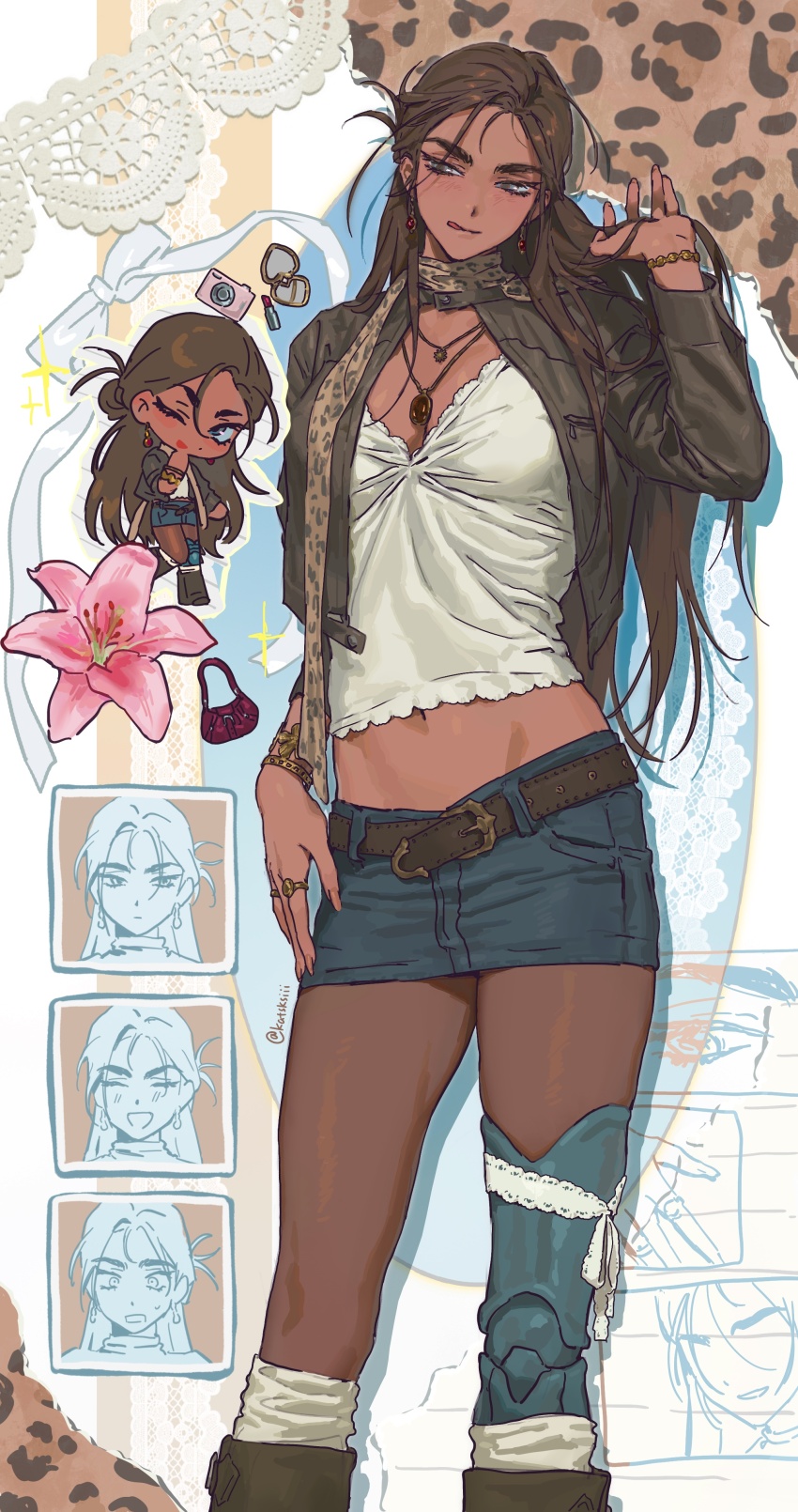 1girl absurdres alien_stage alternate_costume animal_print black_jacket black_pantyhose bow bracelet camera commentary cosmetics dark-skinned_female dark_skin denim denim_skirt earrings english_commentary floating_earrings flower grey_eyes half_updo hand_mirror highres hyuna_(alien_stage) jacket jewelry katsksiii lace leather leather_jacket leopard_print lily_(flower) lipstick_tube long_hair looking_to_the_side miniskirt mirror navel necklace pantyhose pink_flower prosthesis prosthetic_leg scarf skirt socks solo tank_top tongue tongue_out very_long_hair white_bow white_socks white_tank_top