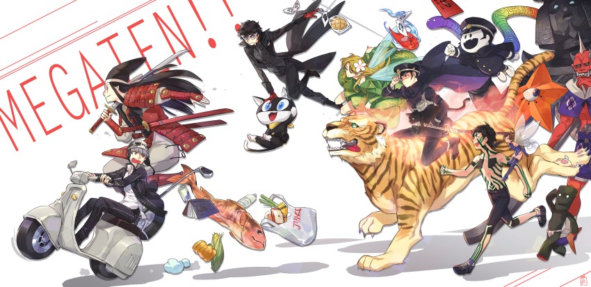 10s absurdres amamiya_ren ara_mitama bag character_request company_connection crossover cu_chulainn_(megami_tensei) decarabia demi-fiend devil_summoner fairy fish gdon helmet highres kuzunoha_raidou mansu megami_tensei mokoi mokoi_(megami_tensei) monster monster_girl morgana_(persona_5) motor_vehicle narukami_yu oni_(megami_tensei) oumitsunu persona persona_4 persona_4_the_golden persona_5 pixie_(megami_tensei) raiho scooter shin_megami_tensei shin_megami_tensei_iii:_nocturne shopping_bag simple_background sword tiger titania_(megami_tensei) weapon white_background yoshitsune_(megami_tensei) yurlungur