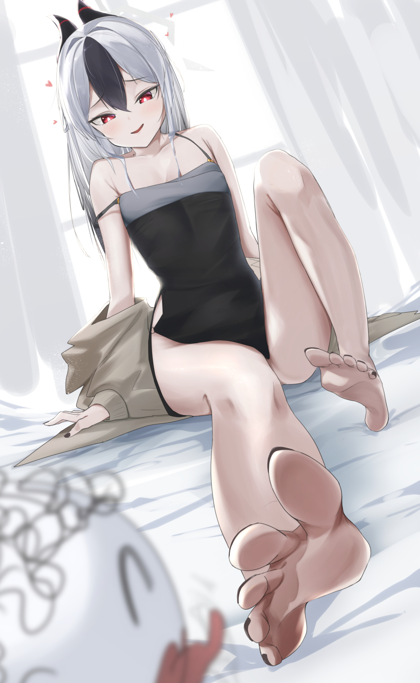 1boy 1girl :d absurdres arm_at_side armpit_crease bare_legs barefoot black_dress black_hair black_horns black_nails blue_archive blurry blush breasts bright_pupils collarbone commentary demon_girl demon_horns depth_of_field doodle_sensei_(blue_archive) double-parted_bangs dress dutch_angle eyelashes feet foot_focus foreshortening full_body furrowed_brow grey_hair grey_halo hair_between_eyes hair_intakes halo heart hetero highres horns imminent_licking indoors kayoko_(blue_archive) kayoko_(dress)_(blue_archive) knee_up koutannkoburia long_hair looking_at_another looking_down mole mole_on_neck nail_polish naughty_face official_alternate_costume official_alternate_hairstyle on_bed open_mouth outstretched_leg red_eyes sensei_(blue_archive) short_dress side_slit sitting sleeveless sleeveless_dress small_breasts smile soles solo_focus spread_toes straight_hair strap_slip thighs toenail_polish toenails toes tongue tongue_out tsurime white_pupils window