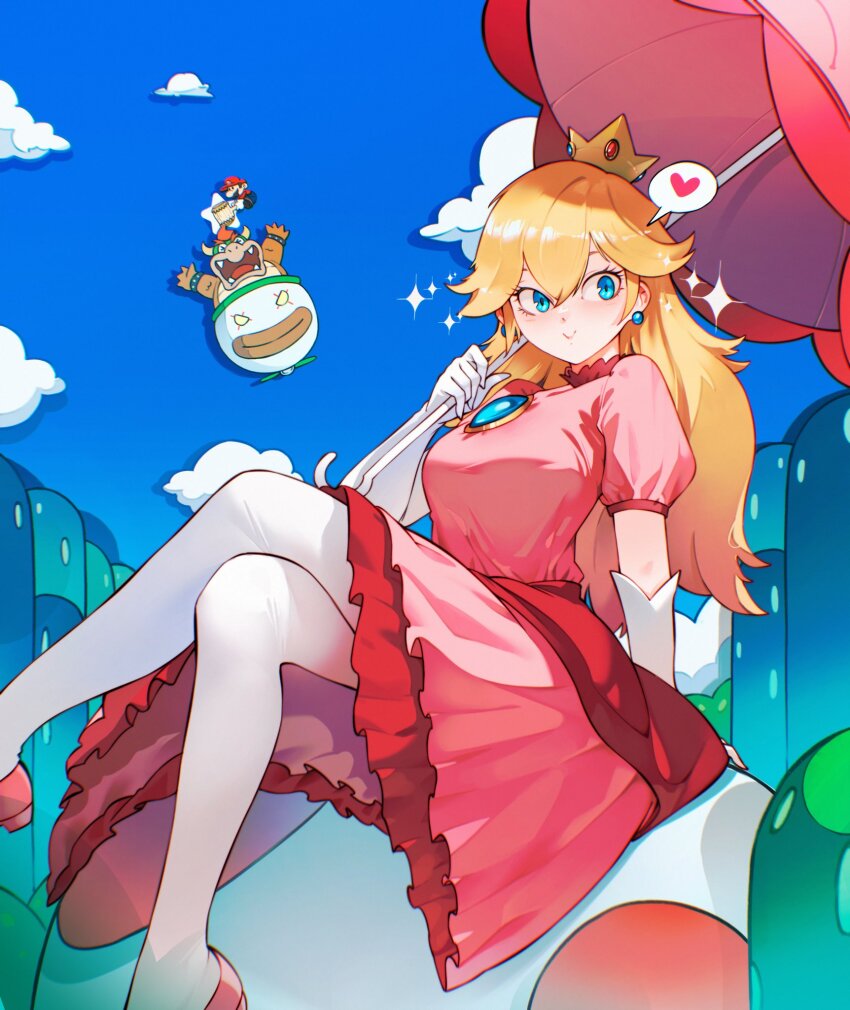 1girl blonde_hair blue_eyes blue_sky bowser cesar_art456 crossed_legs crown dress elbow_gloves gloves highres holding koopa_clown_car long_hair mario mario_(series) nintendo parasol pink_dress princess_peach sitting sky super_mario_world umbrella white_gloves