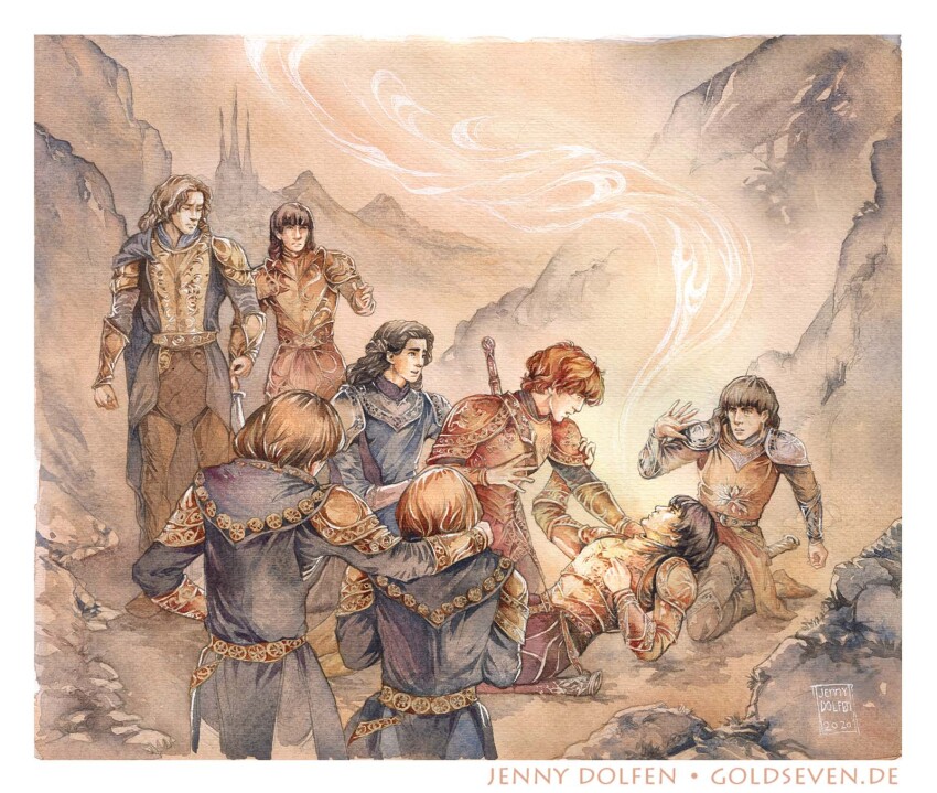 6+boys amras amrod armor black_hair border brothers brown_hair caranthir celegorm colored_pencil_(medium) curufin dying elf family fantasy father_and_son feanor fire full_armor highres jenny_dolfen long_hair maedhros maglor male_focus mountain mountainous_horizon multiple_boys orange_light orange_sky outdoors painting_(medium) pointy_ears red_hair sheath sheathed short_hair shoulder_armor siblings sky sword the_silmarillion tolkien&#039;s_legendarium tolkien&#039;s_legendarium traditional_media watercolor_(medium) weapon white_border