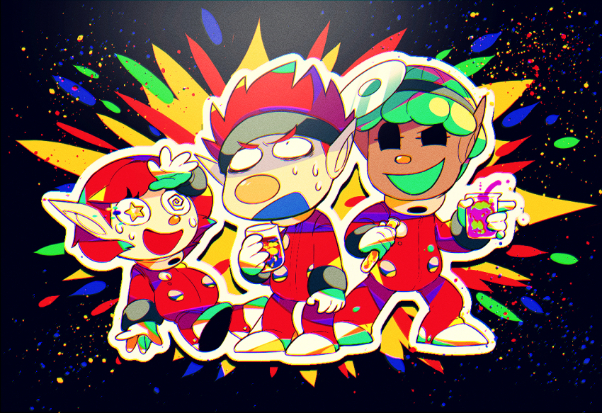 +_+ 1girl 2boys bags_under_eyes black_background black_eyes black_headband blue_tongue buttons colored_tongue colorful cup dark-skinned_male dark_skin dingo_(pikmin) drink explosion falling furrowed_brow gauge gloves green_hair green_tongue hand_on_own_head head_mirror headband holding holding_beaker holding_cup jumpsuit mismatched_eyes multiple_boys nintendo no_headwear open_mouth outline paint_splatter pikmin_(series) pikmin_4 pointy_ears red_hair red_jumpsuit rescue_officer_(pikmin) shaded_face shirushiki shoes short_hair smile solid_eyes spacesuit spiked_hair standing star_(symbol) star_in_eye sweat symbol_in_eye thick_eyebrows white_footwear white_gloves white_outline wide-eyed yonny_(pikmin)
