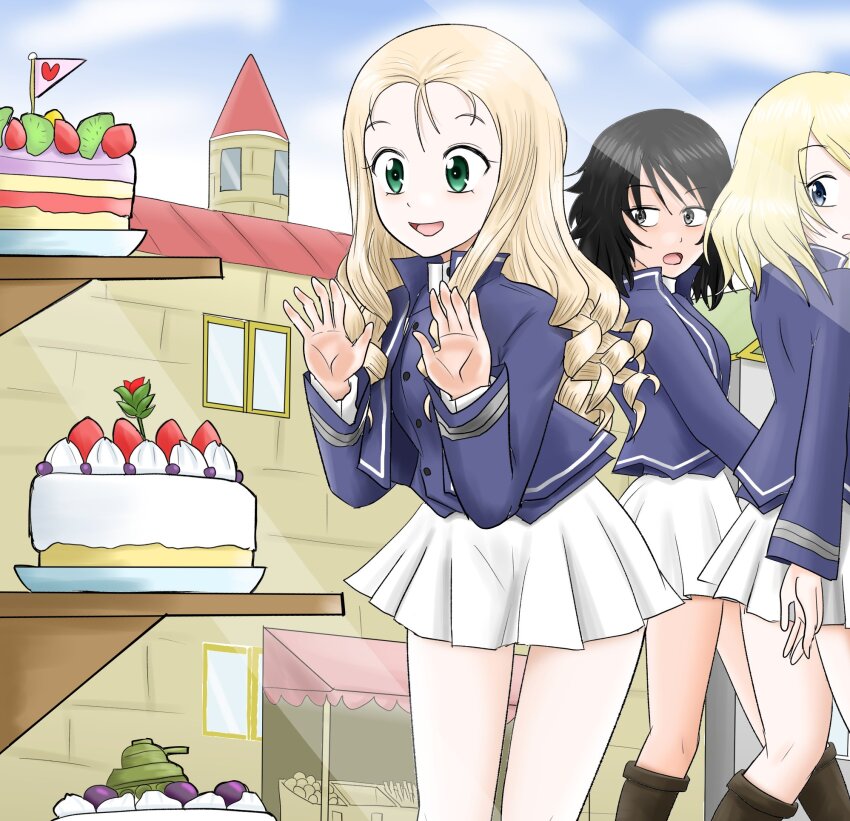 3girls andou_(girls_und_panzer) bc_freedom_military_uniform black_boots black_hair blonde_hair blue_eyes blue_jacket blue_sky boots cake cloud food girls_und_panzer harukai-i highres jacket long_hair looking_at_another marie_(girls_und_panzer) multiple_girls oshida_(girls_und_panzer) outdoors pleated_skirt short_hair skirt sky smile standing walking white_skirt