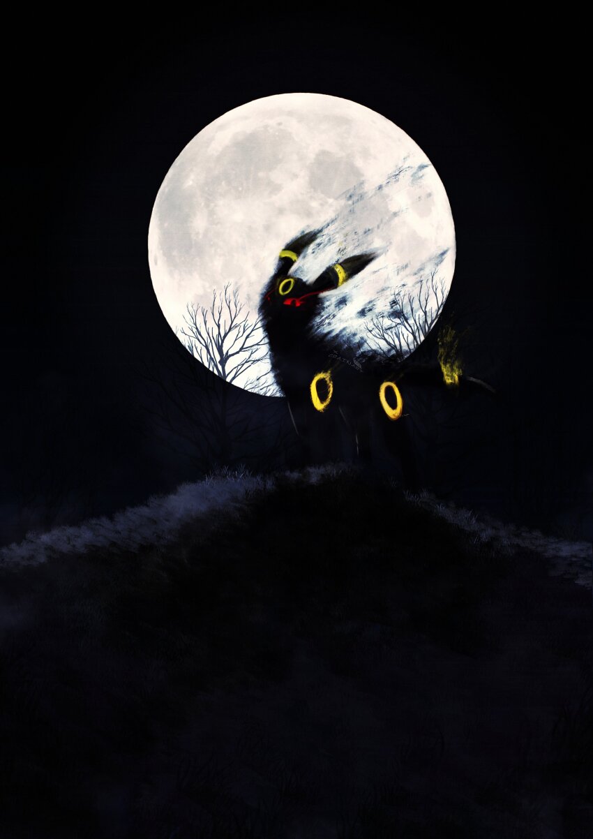 absurdres bare_tree black_sky black_theme commentary crain1art english_commentary full_moon gen_2_pokemon highres hill moon night nintendo outdoors pokemon pokemon_(creature) pokemon_focus red_eyes sky tree umbreon