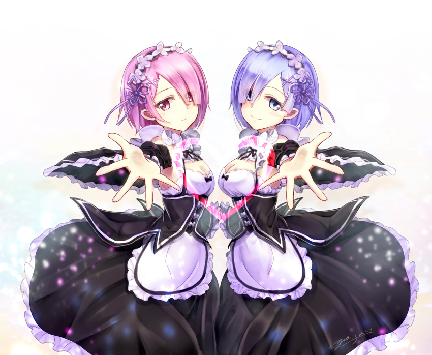 10s 2016 2girls apron blue_eyes blue_hair bow breasts cleavage dated detached_sleeves dress eyes_visible_through_hair frilled_dress frilled_sleeves frills from_side hair_ornament hair_over_one_eye holding_hands heart highres looking_at_viewer maid maid_headdress medium_breasts multiple_girls outstretched_arms pink_eyes pink_hair ram_(re:zero) re:zero_kara_hajimeru_isekai_seikatsu rem_(re:zero) short_hair siblings signature sisters smile twins underbust wind x_hair_ornament yuitsuki1206