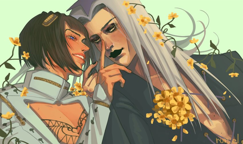 2boys black_hair black_lips black_shirt blue_eyes bob_cut bruno_bucciarati chest_tattoo cleavage_cutout clothing_cutout collared_jacket cropped_torso flower grey_hair grin hair_ornament hairclip hat high_collar highres jacket jojo_no_kimyou_na_bouken leone_abbacchio long_hair long_sleeves looking_at_another male_focus multiple_boys portrait purple_hat rur_el shirt smile tattoo teeth vento_aureo white_jacket yellow_eyes yellow_flower
