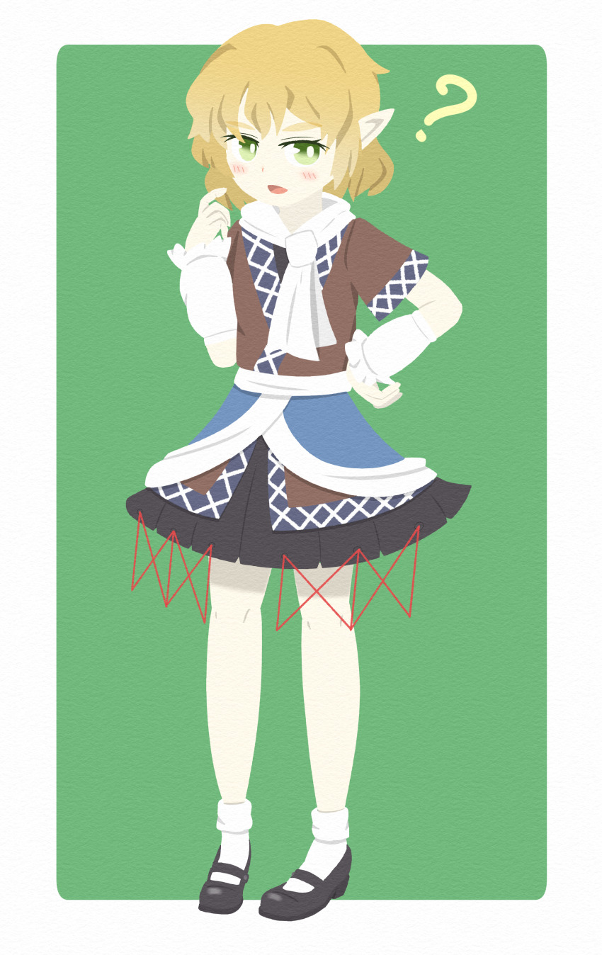 1girl ? absurdres arm_warmers black_shoes black_skirt blonde_hair blush bright_pupils brown_shirt chibeany commentary_request full_body green_eyes hand_on_own_hip highres looking_at_viewer mary_janes mizuhashi_parsee no_lineart open_mouth pointing pointing_at_self pointy_ears sash scarf shirt shoes short_hair short_sleeves skirt socks solo standing touhou two-tone_background white_background white_pupils white_sash white_scarf white_socks