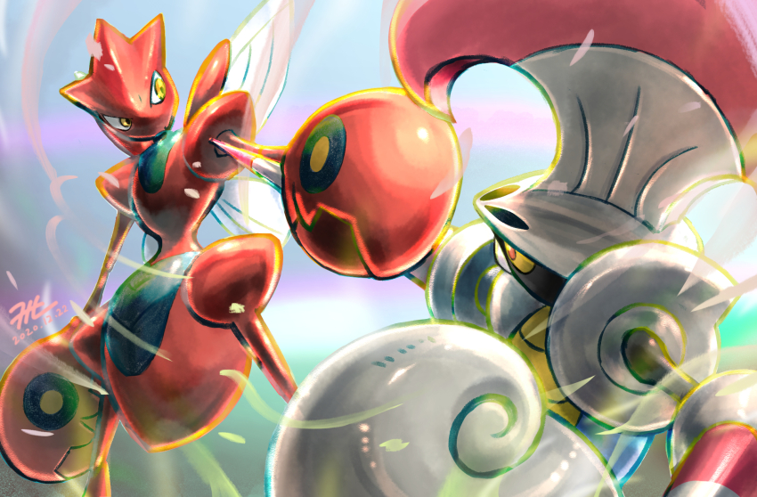 commentary_request dated escavalier gen_2_pokemon gen_5_pokemon highres insect_wings looking_at_another nintendo no_humans null_suke odaibako pincers pointing pointing_at_another pokemon pokemon_(creature) scizor signature standing wings yellow_eyes