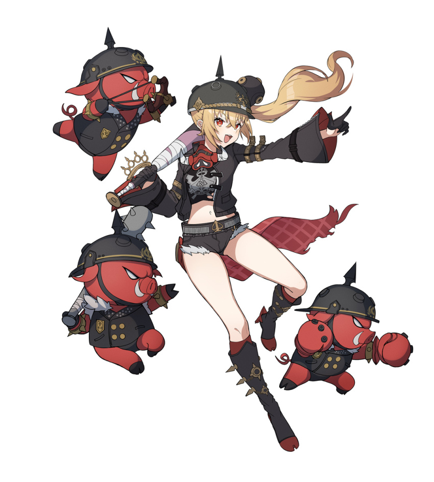 1girl baseball_bat belt black_boots black_gloves black_jacket black_shirt black_shorts blonde_hair boots commentary crossed_bangs full_body gloves helmet highres holding holding_baseball_bat jacket kinokare long_hair long_sleeves luciana_de_montefio lucy&#039;s_crew_(zenless_zone_zero) mask mask_around_neck midriff open_clothes open_jacket open_mouth pointing red_eyes shirt short_shorts shorts side_ponytail simple_background solo torn_clothes torn_shirt white_background zenless_zone_zero