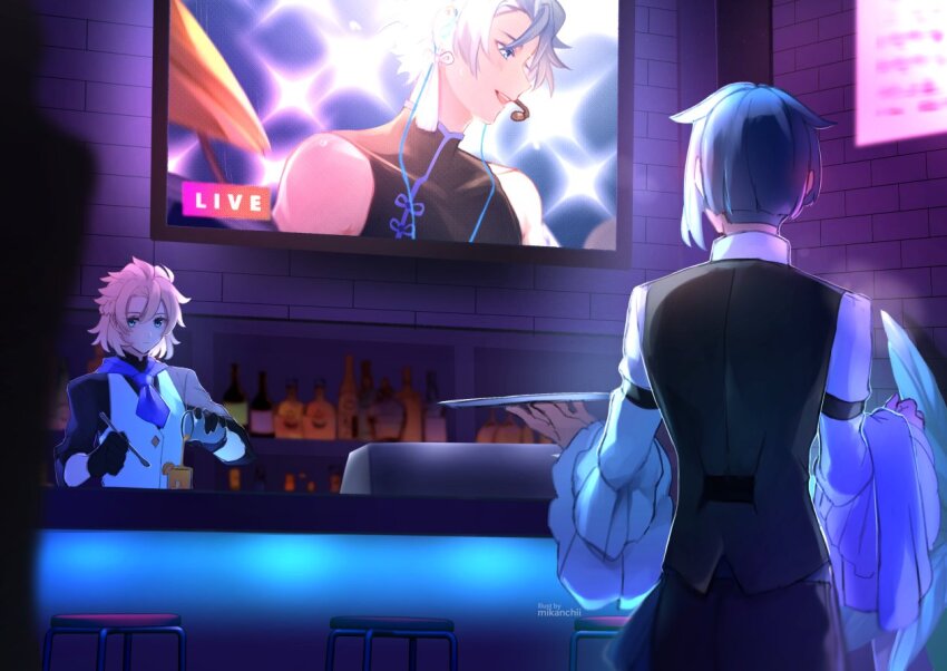 3boys :d albedo_(genshin_impact) aqua_eyes artist_name ascot asymmetrical_hair bar_(place) bar_spoon bartender black_gloves black_shirt black_vest blonde_hair blue_ascot blue_eyes blue_hair bottle braid buttons chongyun_(2nd_anniversary)_(genshin_impact) chongyun_(genshin_impact) closed_mouth commentary counter cup cymbals english_commentary expressionless facing_away flat_screen_tv frilled_sleeves frills from_behind genshin_impact gloves half_up_half_down_braid hands_up holding holding_cup holding_tray indoors instrument long_sleeves looking_at_viewer male_focus medium_hair microphone mikanchii multiple_boys open_mouth parted_bangs plant pouring shelf shirt short_hair sleeveless sleeveless_shirt smile standing stool sweat teeth television towel towel_on_arm tray upper_teeth_only vest white_shirt white_vest wide_sleeves xingqiu_(genshin_impact)