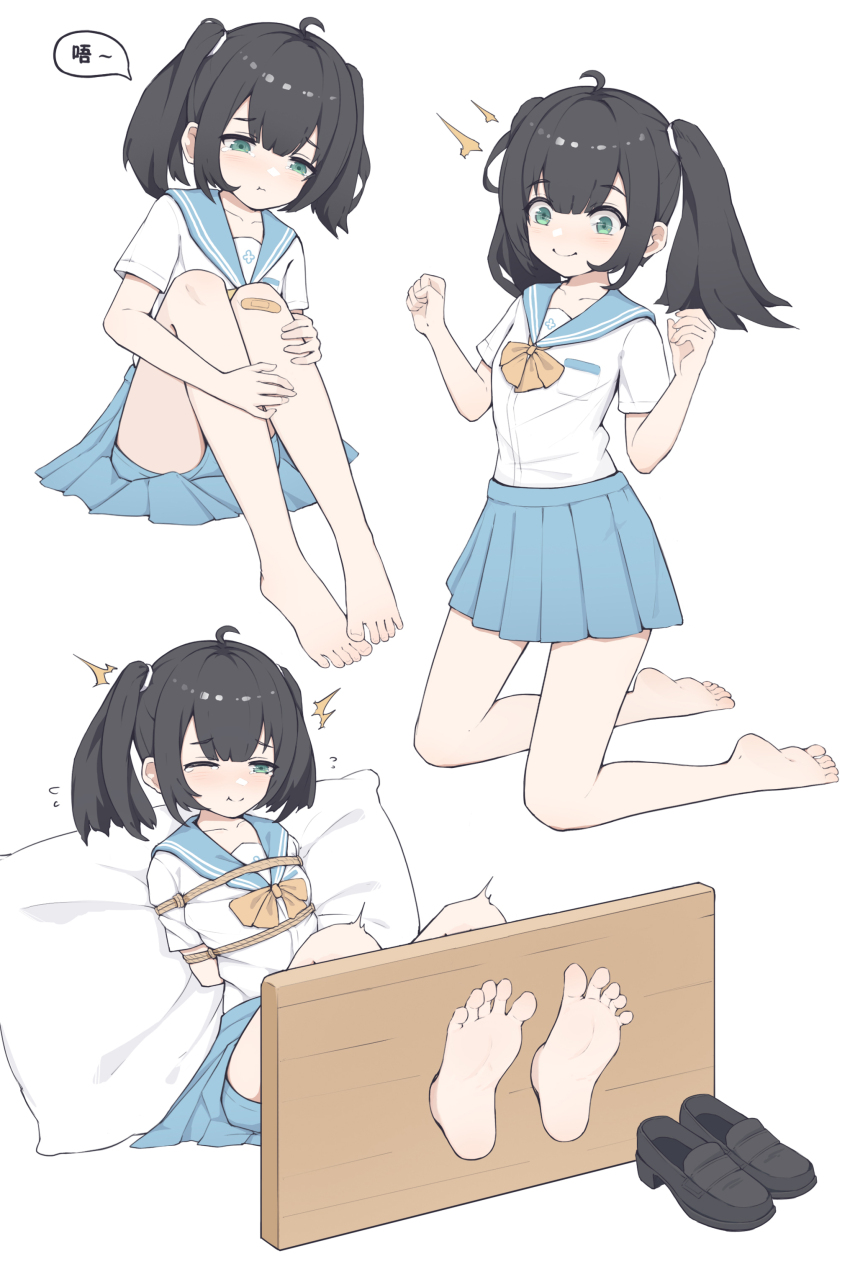 absurdres ascot barefoot bound collage green_eyes highres juzi_(orange8619) multiple_views one_eye_closed original school_uniform shoes smile soles stocks thighs toes unworn_shoes yellow_ascot